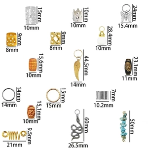 DIY boho hair accessory set with natural stones, metal rings and diverse charms on white