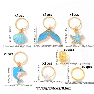 46-piece pearl and blue sea shell hair jewelry set with alloy rings and starfish pendants