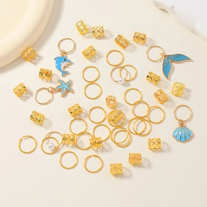 46-piece golden hair ring set with ocean-themed enamel charms and pearls for braids