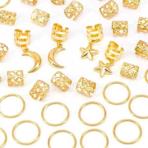44-piece set of gold star and moon dreadlock hair rings with hollow alloy hair cuffs