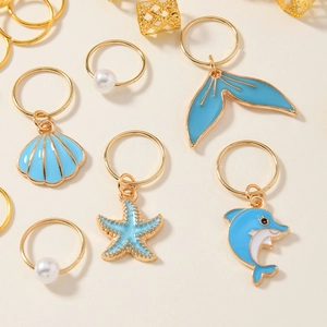46-piece ocean theme hair rings set with blue shells, starfish and pearls for braids