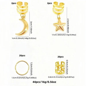 44-piece set of gold star and moon charms with hollow rings for braided hair styling