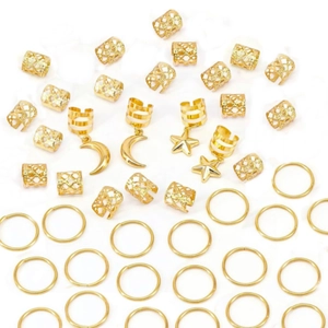 44-piece set of golden star and moon dreadlock hair rings in bohemian metal design