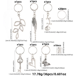 Detail view of 36-piece alloy hair ring set with leaf and feather charms and dimensions