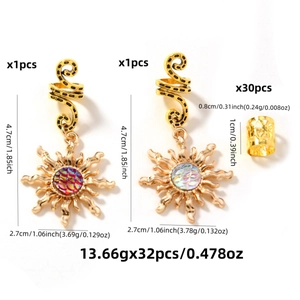 32pcs set of Bohemian gold hair rings featuring sunflower charms and metal hair cuffs