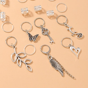 36-piece silver leaf dreadlock hair rings with butterfly and feather charms set