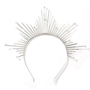 Silver halo crown headband with radiating metal sunburst rays and sparkling rhinestones