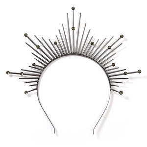 Gothic style metallic halo headband with sunburst spikes and grey rhinestones on white background