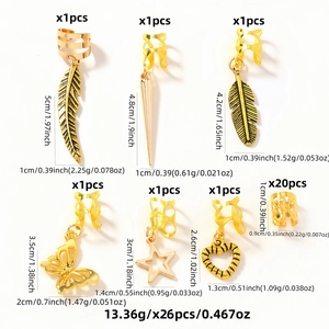 26-piece gold leaf and star hair rings set for braids with detailed dimensions