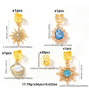 Set de 34 anneaux de tresses bohèmes dorés avec pendentifs tournesol et gouttes