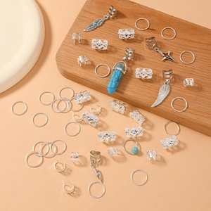 46pcs Bohemian dreadlock hair rings set with silver alloy charms on wooden decor