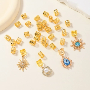 Lot de 34 anneaux de cheveux dorés bohèmes avec pendentifs fleur de soleil et gouttes