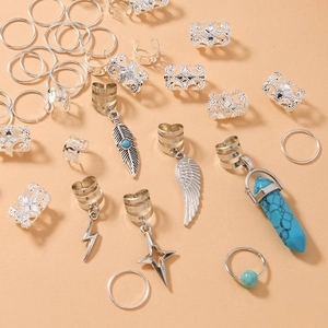 46-piece silver dreadlock hair jewelry set with feather, wing, and crystal charms