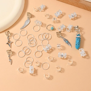 Set of 46 punk dreadlock hair rings with silver wing and turquoise pendants