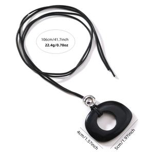 Minimalist black obsidian ring pendant on adjustable long cord necklace with dimensions