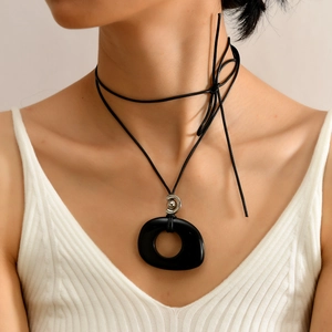 Minimalist Stainless Steel Obsidian Pendant Necklace For Women Adjustable Black Cord Long Sweater Chain Fashion Jewelry