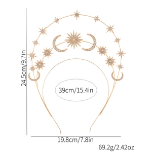 Golden sun goddess crown with crystal stars and moon elements, bohemian celestial headband