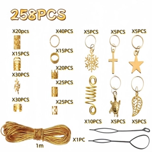 Detailed set of 258 gold dreadlock hair accessories with charms and styling tools