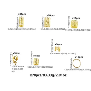 Set de 70 accessoires dorés pour dreadlocks avec dimensions pour diverses pinces à cheveux