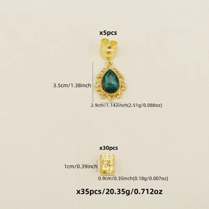 35-piece Bohemian golden hair rings set featuring emerald green teardrop pendants
