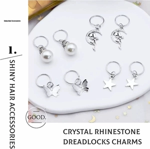 Set de breloques pour dreadlocks avec papillon argenté, perle et strass brillants