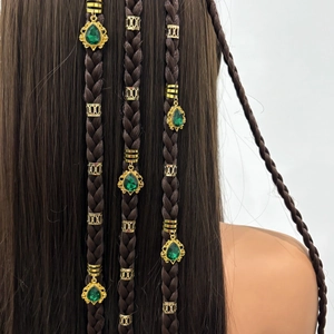 Bohemian Gold Metal Hair Rings Set With Emerald Green Waterdrop Rhinestone Pendants Vintage Hollow Hair Clips Jewelry For Women