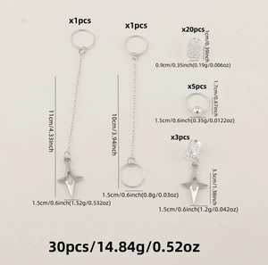 Detailansicht des 30-teiligen silbernen Stern-Haarschmuck-Sets für Flechtfrisuren