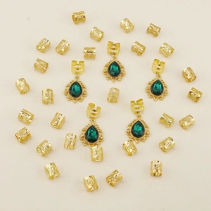 Bohemian gold hair cuffs set featuring emerald green waterdrop charms for hair styling