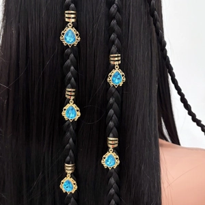 Anneaux de Cheveux Bohème avec Pendentif Goutte d'eau Bleue Clips de Tresse en Métal Strass Décoration de Cheveux Vintage