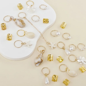 Set of 26 starfish and seashell gold dreadlock hair rings with pearls for women