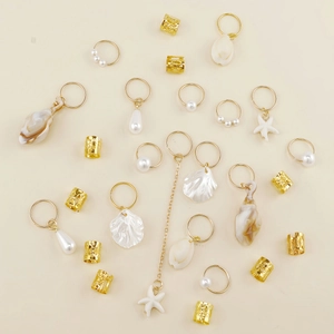 26Pcs Bohemian gold braid rings set with starfish, seashells, and faux pearls hair jewelry