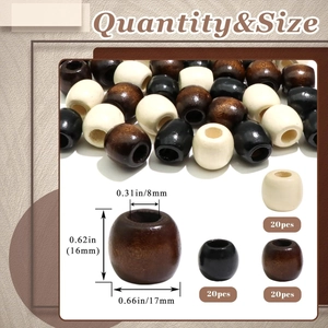 Détails de perles en bois 16x17mm en trois couleurs avec dimensions et trou de 8mm