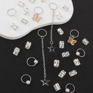 Lot de 29 bagues à cheveux papillon avec manchettes argentées, perles et pendentifs