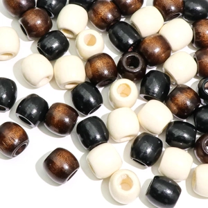 Perles en bois en forme de barillet noires, brunes et crème pour création de bijoux