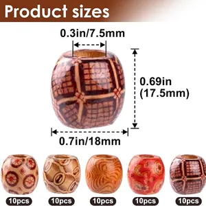 50 cuentas de madera estampadas para anillos de pelo DIY con diseño vintage de 18mm