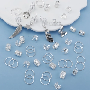 Set of 45 silver dreadlock hair rings with butterfly and leaf pendants for hair braiding