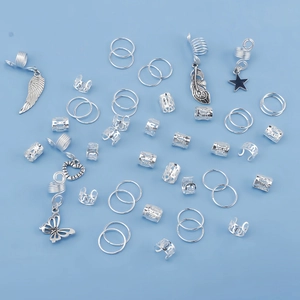 45-piece silver bohemian dreadlock accessories set with leaf, butterfly, and star charms