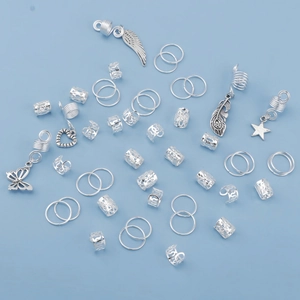 45-piece silver hair rings set with butterfly leaf charms and cuffs for dreadlock styling