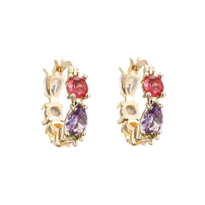 Elegant gold hoop earrings with multi-colored zirconia stones including red and purple gems