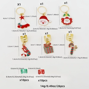 Detailed view of Christmas themed hair charms and rings with size specifications