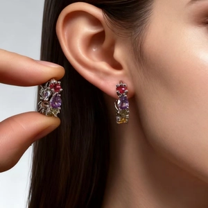 Elegant silver hoop earrings with multicolor zircons and teardrop crystals for women