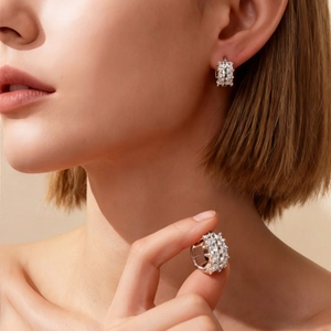 Minimalist silver hoop earrings with pave cubic zirconia rows for a luxury aesthetic