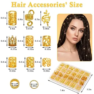 Size guide for 220pcs gold DIY hair braid rings and charms set in storage box
