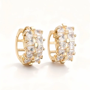 Minimalist gold wide hoop earrings with double row square-cut sparkling zircons