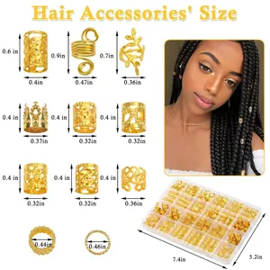 Tableau des tailles pour kit de bijoux de cheveux avec anneaux dorés et breloques en boîte
