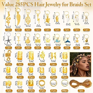 285pcs gold braid jewelry set with charms and metal rings for hair styling accessories