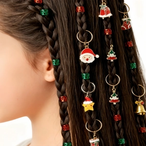 Bagues à Cheveux de Noël en Alliage Émaillé Pendentifs Père Noël Sapin Flocon de Neige Étoile Cloche Bijoux de Tresse Fête