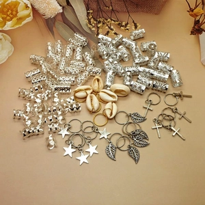 100pcs Bohemian dreadlock hair accessories with silver leaf charms and shells
