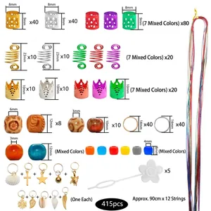 Lot de 415 pièces de perles dreadlocks et accessoires pour tresses avec charms variés
