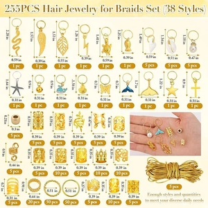 Set de 255 bijoux de cheveux pour dreadlocks avec divers pendentifs et anneaux en métal